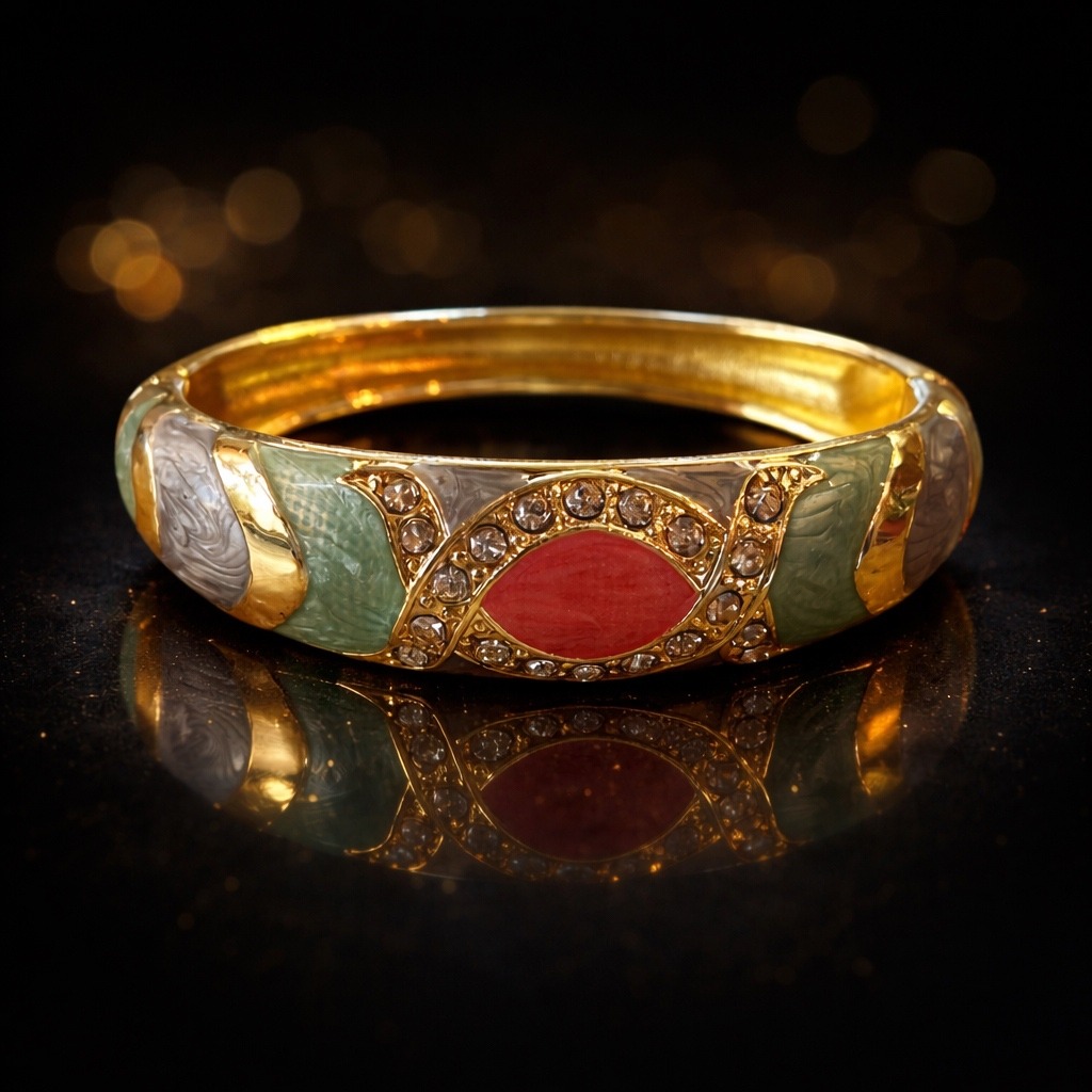 Vintage Jtf Bangle Bracelet Gold Tone Enamel Rhinestone Hinged Colorful Marquise